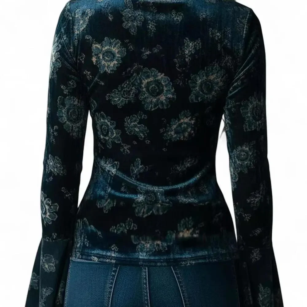 NEW Beautiful Vintage S-XL Boho Blue Velvet Blouse Lace Trim Floral Print Top - Picture 2 of 10